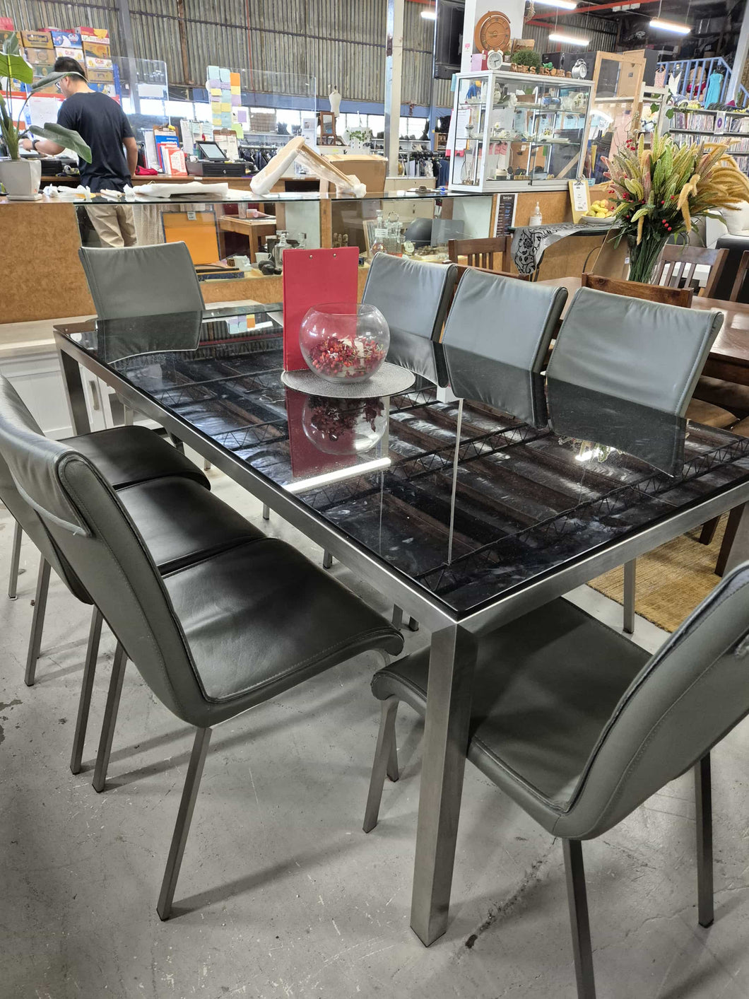 Black Glass Top Dining Table With 8 Grey Chairs 52923