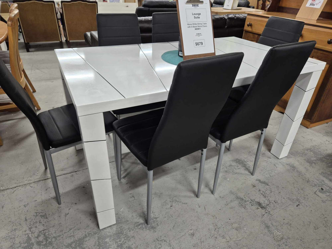 Mona White Dining Table With  6 Black Mona Chairs NEW!!! 49198
