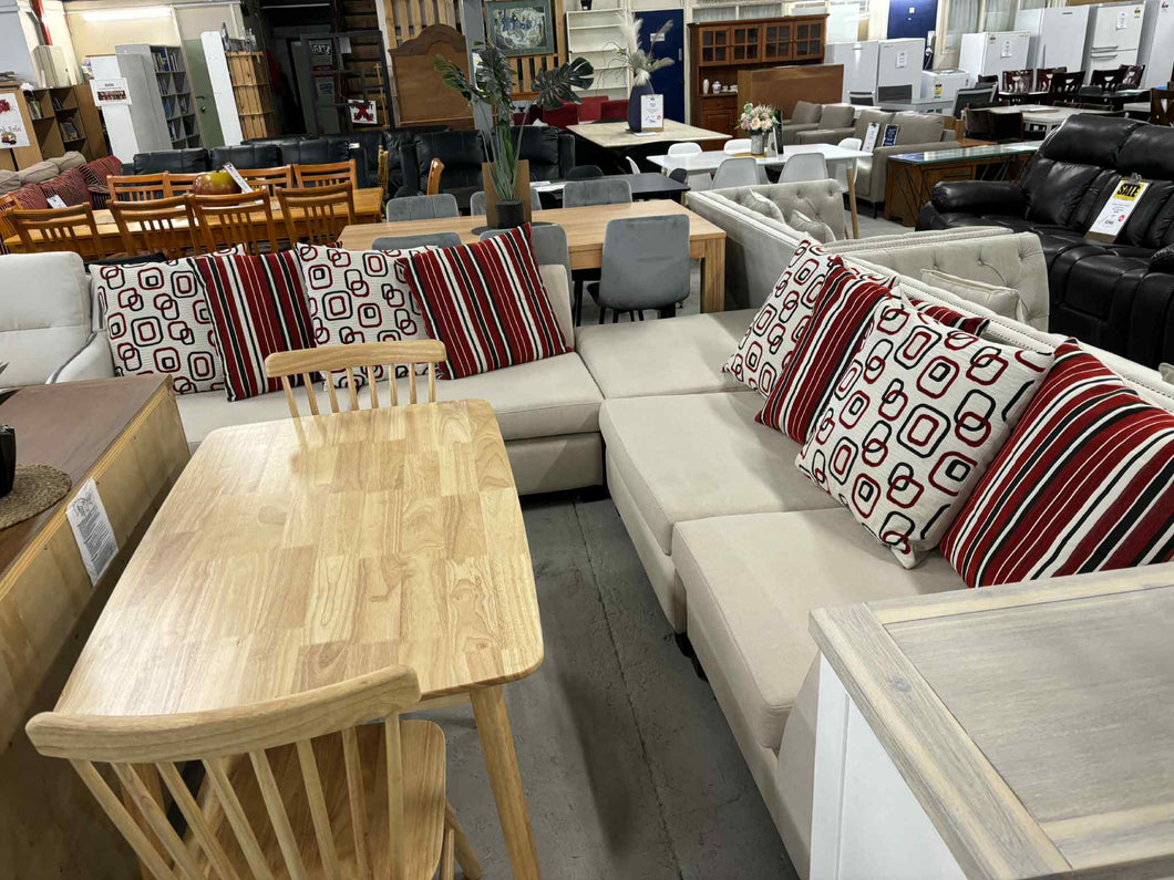 White Fabric Corner Lounge Suite + Ottoman with Red Cushions