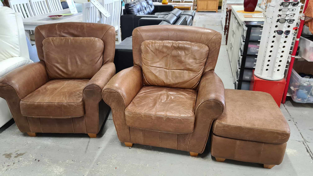 2x Brown Leather Single Chairs With Ottoman 51295